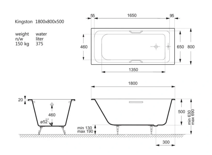 Чугунная ванна Vinsent Veron Kingston VKN1808050H/VH0012BL, 180 x 80 см, ручки черные матовые, цвет белый, чугунные - фото 2