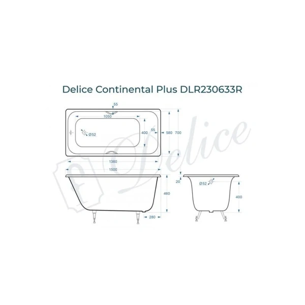 Ванна чугунная Delice Continental Plus 150х70 см с отверстиями под ручки - фото 2