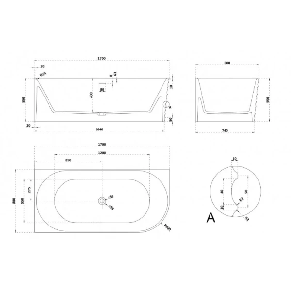 Ванна из искусственного камня Abber Stein 170x80 см левосторонняя, современныe, hi-tech - фото 3