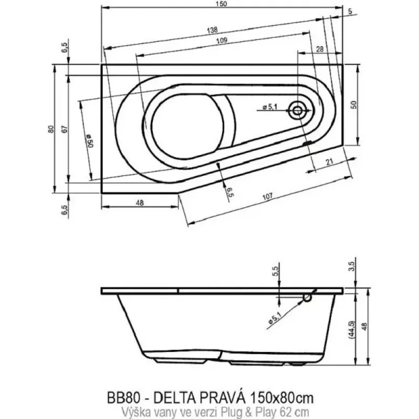 Акриловая ванна Riho Delta Plug & Play B066007005/B067007005, 150 x 80 см, левая/правая, цвет белый - фото 3