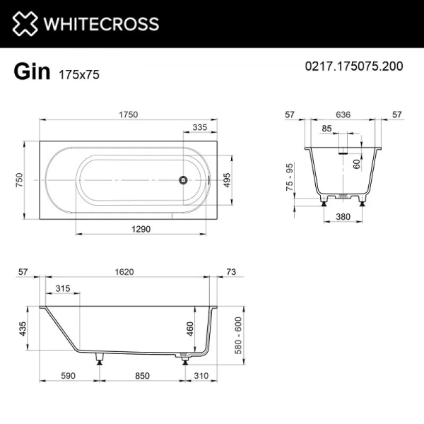 Ванна Whitecross Gin, 0217.175075.200, 175 х 75 см, искусственный камень, белая матовая, прямоугольные - фото 5
