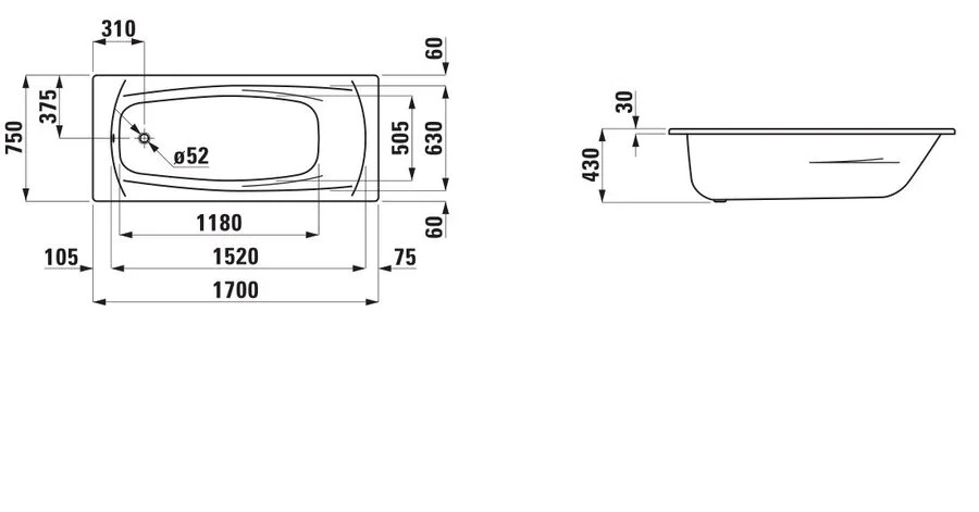 Ванна стальная Laufen Palladium 170х75 см с отверстиями для ручек, стальные - фото 2
