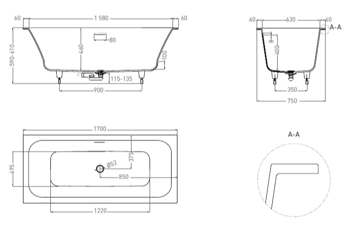 Ванна из искусственного камня Salini Orlanda Axis Kit 170х75 см встраиваемая - фото 3