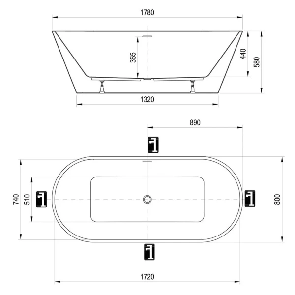 Ванна акриловая Ravak Solo XC00100050, 178 x 80 см, отдельностоящая, белая, слив-перелив белый - фото 2