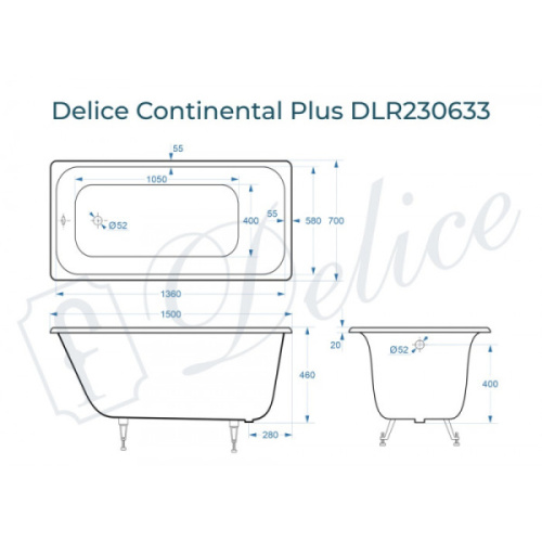 Ванна чугунная Delice Continental Plus 150х70 см белая - фото 4