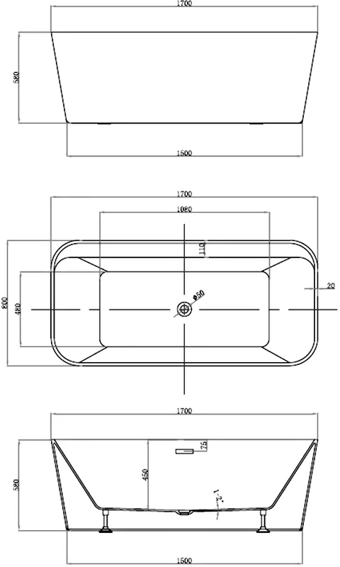 Ванна акриловая Vincea 170x80 см белая матовая, прямоугольные - фото 5