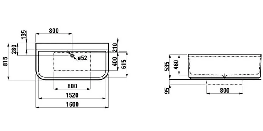 Ванна из искусственного камня Laufen Sonar 160x82 см с отверстиями для смесителя - фото 2
