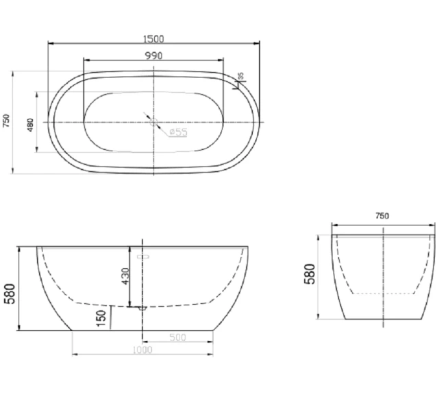 Ванна акриловая Art&Max 150 x 75 см, слив-перелив, донный клапан и сифон в комплекте, белый, AM-218-1500-750 - фото 2