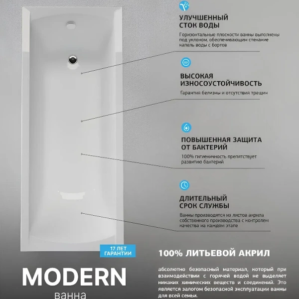 Ванна акриловая 1MarKa Modern 01мод1670кс1+, 160 x 70 см, цвет белый, в наличии - фото 10