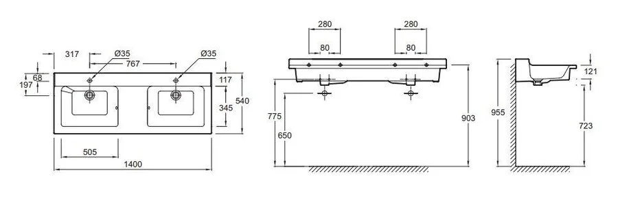 Раковина подвесная Jacob Delafon Soprano 140 см двойная, белая, современные, hi-tech - фото 2