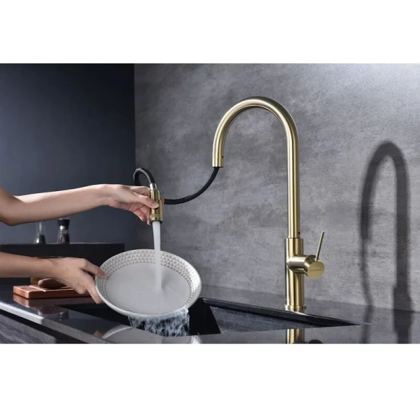 Смеситель для питьевой воды Paulmark Galant cветлое брашированное золото, с поворотным изливом, c выдвижным изливом (лейкой) - фото 7