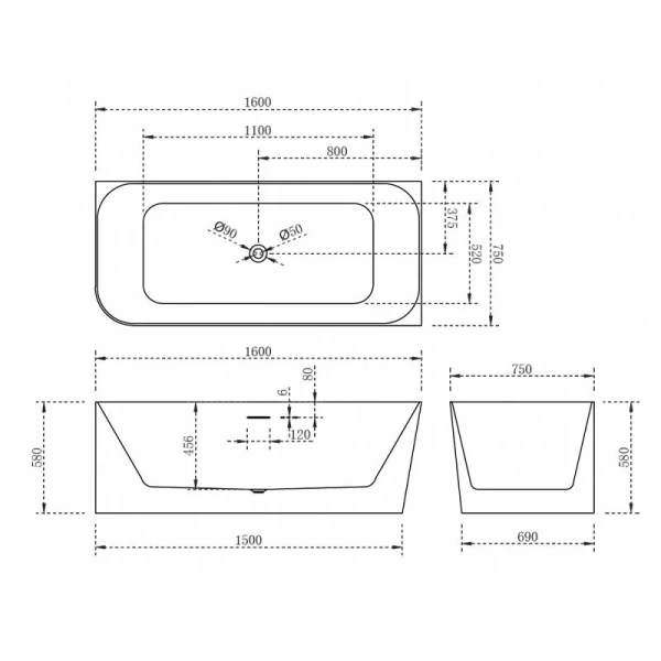 Акриловая ванна ABBER AB9331-1.6 160х75 см ассиметричная - фото 4