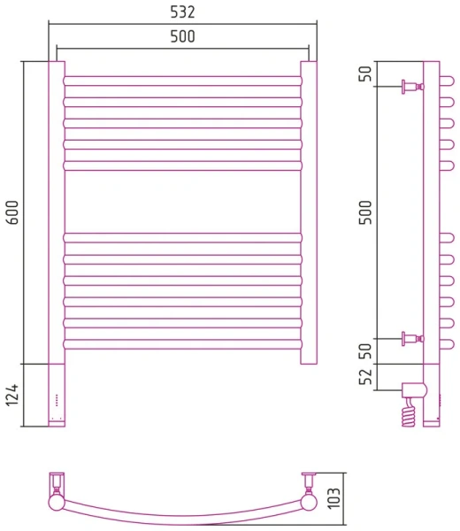 Полотенцесушитель электрический Сунержа Богема 3.0 6050 50х60 см перемычка выгнутая - фото 2