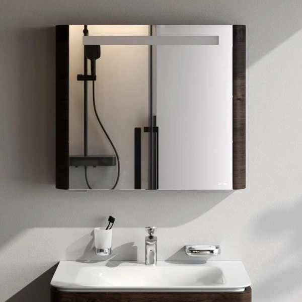 Зеркальный шкаф с подсветкой Am.Pm Sensation 80 см табачный дуб, с подсветкой, с розеткой - фото 8