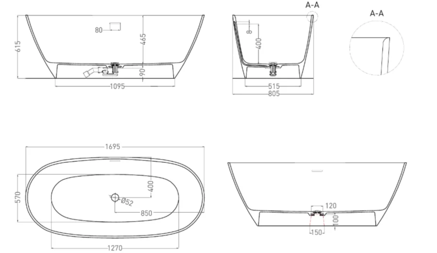 Ванна из искусственного камня Salini Sofia 170 см Sapirit глянцевый - фото 2
