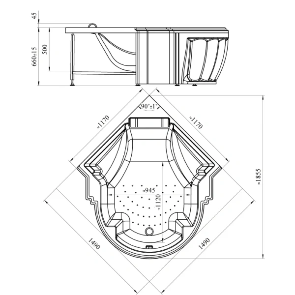 Акриловая ванна Fra Grande Монте-Карло 4-01-0-0-1-402, 149 x 149 см, рама-подставка, подголовник, комплект панелей, молдинг, белая - фото 2