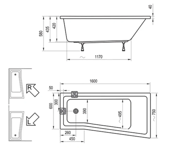 Ванна акриловая Ravak BeHappy II 160х75 см, асимметричные - фото 5