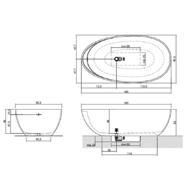 Ванна Antonio Lupi Eclipse 185 х 95,5 х 53 см отдельностоящая, овальная - фото 3