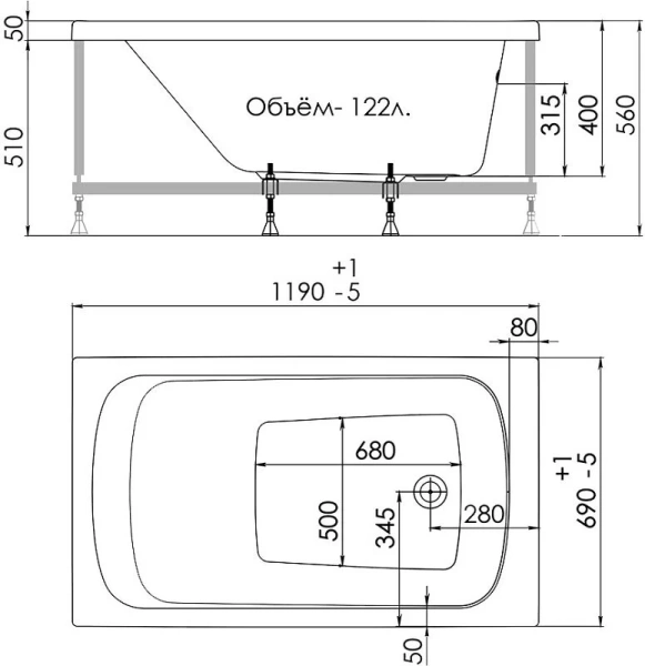 Ванна акриловая 1ACReal Gamma 120, 120 х 70 см, белая, BBA-GA127X0-00U, без гидромассажа, недорогие - фото 6