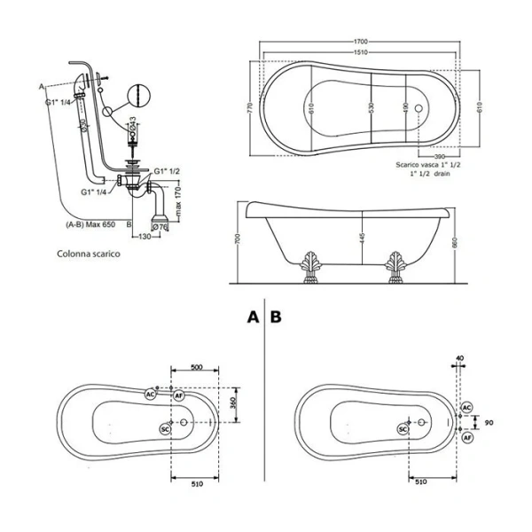 Ванна отдельностоящая ножки цвет хром 170х77 Kerasan Retro, квариловые - фото 2