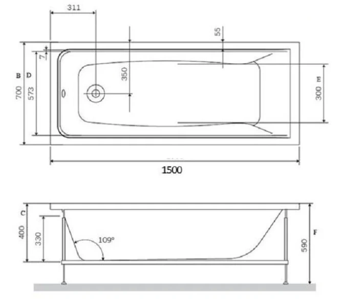 Ванна акриловая Vincea VBT-2G150, 150 x 70 см, без опоры, белый - фото 2