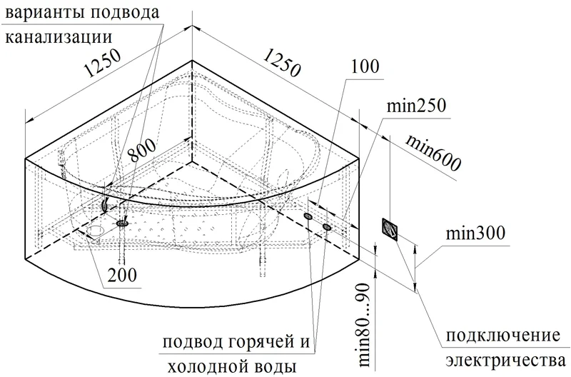 Гидромассажная ванна Радомир Альтея 2-80-2-0-0-219, 125 х 125 см, рама-подставка, фронтальная панель, слив-перелив, гидромассаж Релакс хром КУ 100, датчик уровня воды, массаж спины, ступней, боковых поверхностей, белая - фото 3