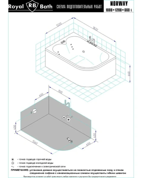 Ванна гидромассажная Royal Bath Norway De Luxe RB331100DL-L/R, 180 x 120 см, белая - фото 2