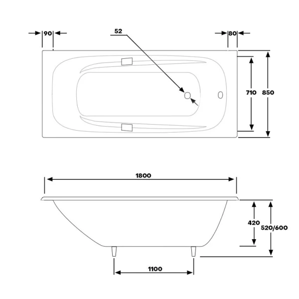 Ванна чугунная Byon Ide 180 x 85 см, с ручками, белая, Н0000369 - фото 2