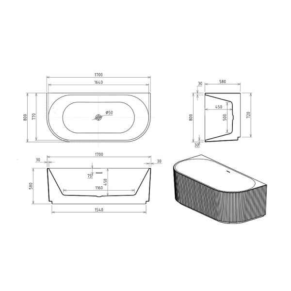 Ванна акриловая Royal Bath Nero RB611901CH, 170 x 80 см, цвет белый - фото 3