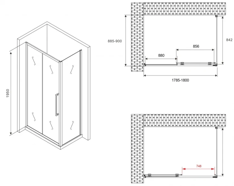 Душевой уголок Abber Schwarzer Diamant 180х90 см с раздвижными дверями, современные, hi-tech - фото 3