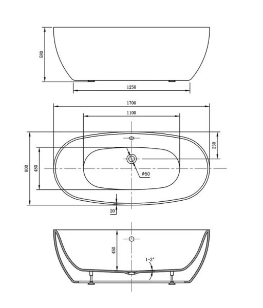 Ванна акриловая Vincea 170x80 см черная, современныe, hi-tech - фото 3