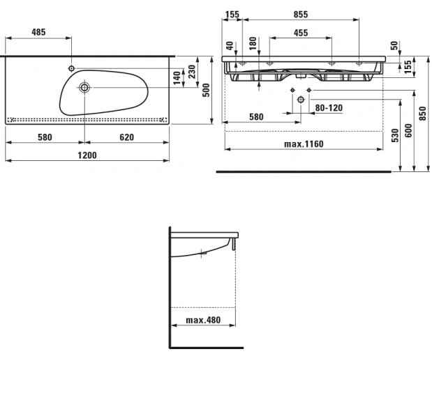 Раковина Laufen Palomba 120 см с 1 отверстием для смесителя, современные, hi-tech - фото 2