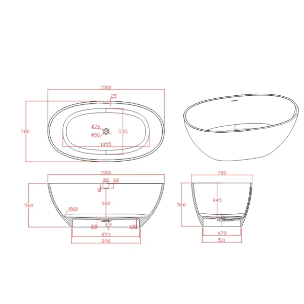 Акриловая ванна Timo LEMPI1570, 150 х 80 см, цвет белый - фото 2