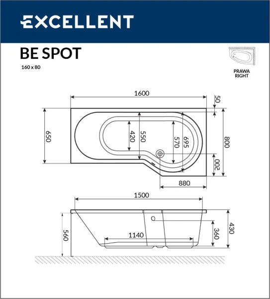 Акриловая ванна Excellent Be Spot 160 x 80 см, цвет белый, левая/правая, приставные, встраиваемые - фото 6