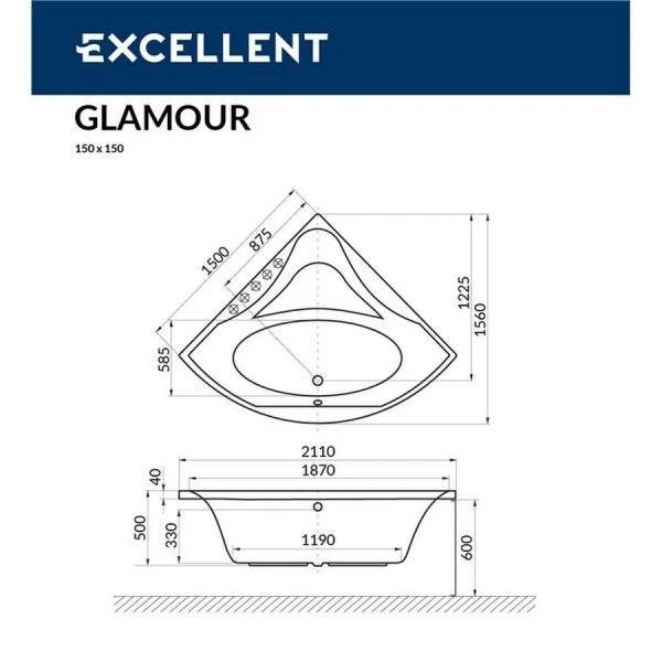 Ванна гидромассажная Excellent Glamour Line 150 x 150 см, белый/хром, WAEX.GLA15.LINE.CR - фото 2