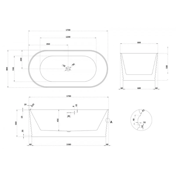 Ванна из искусственного камня Abber Stein 170x80 см белая матовая - фото 2