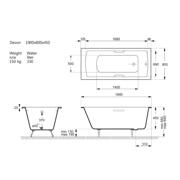 Чугунная ванна Vinsent Veron Devon VDV1908045H, 190 x 80 см, с отверстиями под ручки, цвет белый, чугунные - фото 2