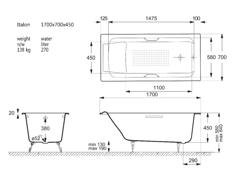 Чугунная ванна Vinsent Veron Italon VIT1707045H/VH0012CH-AS, 170 x 70 см, с антискользящим покрытием, ручки хром, цвет белый - фото 2