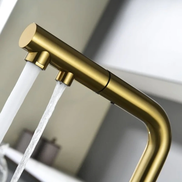 Смеситель для питьевой воды Paulmark Serpentine брашированное золото, с поворотным изливом, c выдвижным изливом (лейкой), с двумя изливами - фото 7