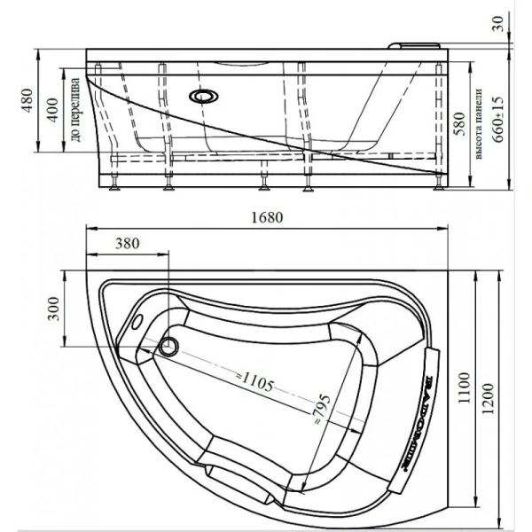 Акриловая ванна Радомир Альбена 1-01-2-1-1-015К, 168 x 120 см, левая, каркас, подголовник, фронтальный экран, сифон, слив-перелив автомат в комплекте, белая/хром - фото 2