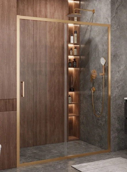 Душевая дверь в нишу Cezares Molveno 140 см стекло прозрачное профиль золото - фото 1