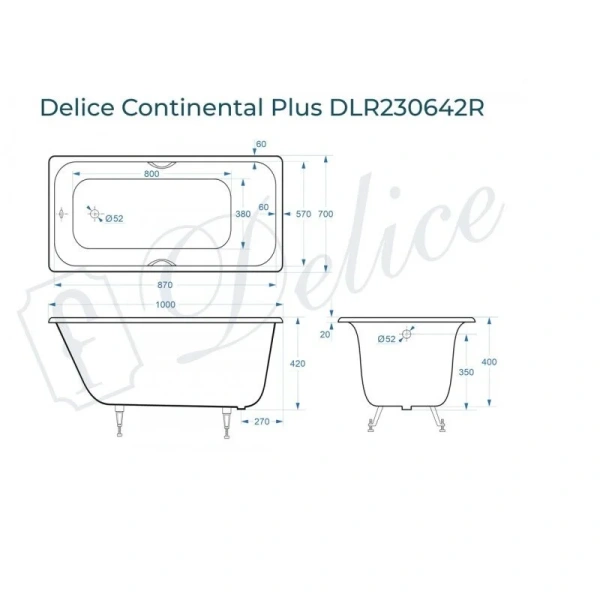 Ванна чугунная Delice Continental Plus 100х70 см с отверстиями под ручки - фото 2