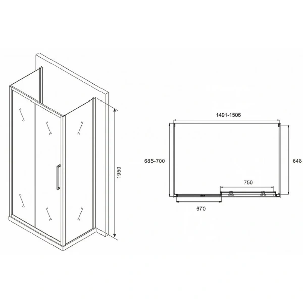 Душевой уголок Abber Schwarzer Diamant 150х70 см профиль хром, стекло матовое, прямоугольные - фото 2