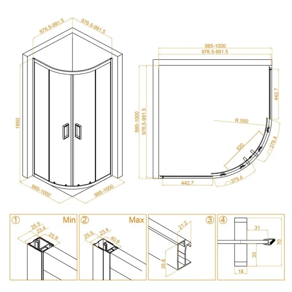 Душевой уголок RGW Classic CL-54B 100х100 см прозрачное стекло, профиль черный, полукруглые, четверть круга - фото 2