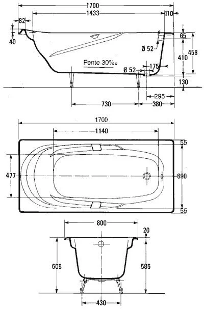Ванна чугунная Jacob Delafon Adagio 170х80 см с отверстиями под ручки, с антискользящим покрытием, 170x80 см - фото 4