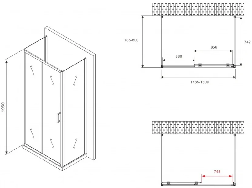 Душевой уголок Abber Schwarzer Diamant 180х80 см с раздвижной дверью - фото 3