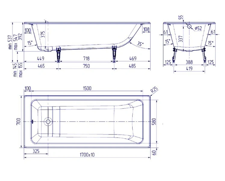 Ванна чугунная Creto Strong, 25-1170, 170 х 70 см, белая - фото 2