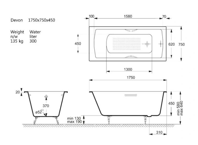 Чугунная ванна Vinsent Veron Devon VDV1757545H/E60327CH-AS, 175 x 75 см, с антискользящим покрытием, ручки хром, цвет белый - фото 2