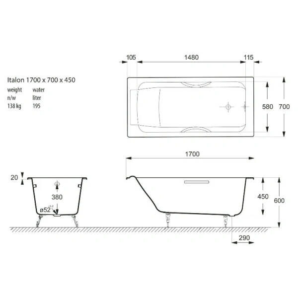 Чугунная ванна Vinsent Veron Italon VIT1707045H, 170 x 70 см, с отверстиями под ручки, цвет белый - фото 2