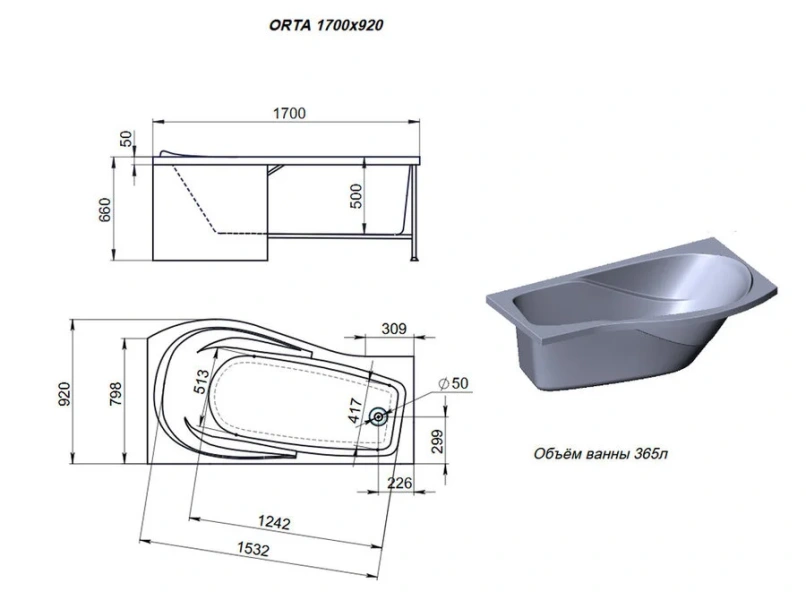 Ванна акриловая Alex Baitler Orta, 170 x 92 см, левая/правая, цвет SuperWhite, ORTA L/R 170*92 - фото 2